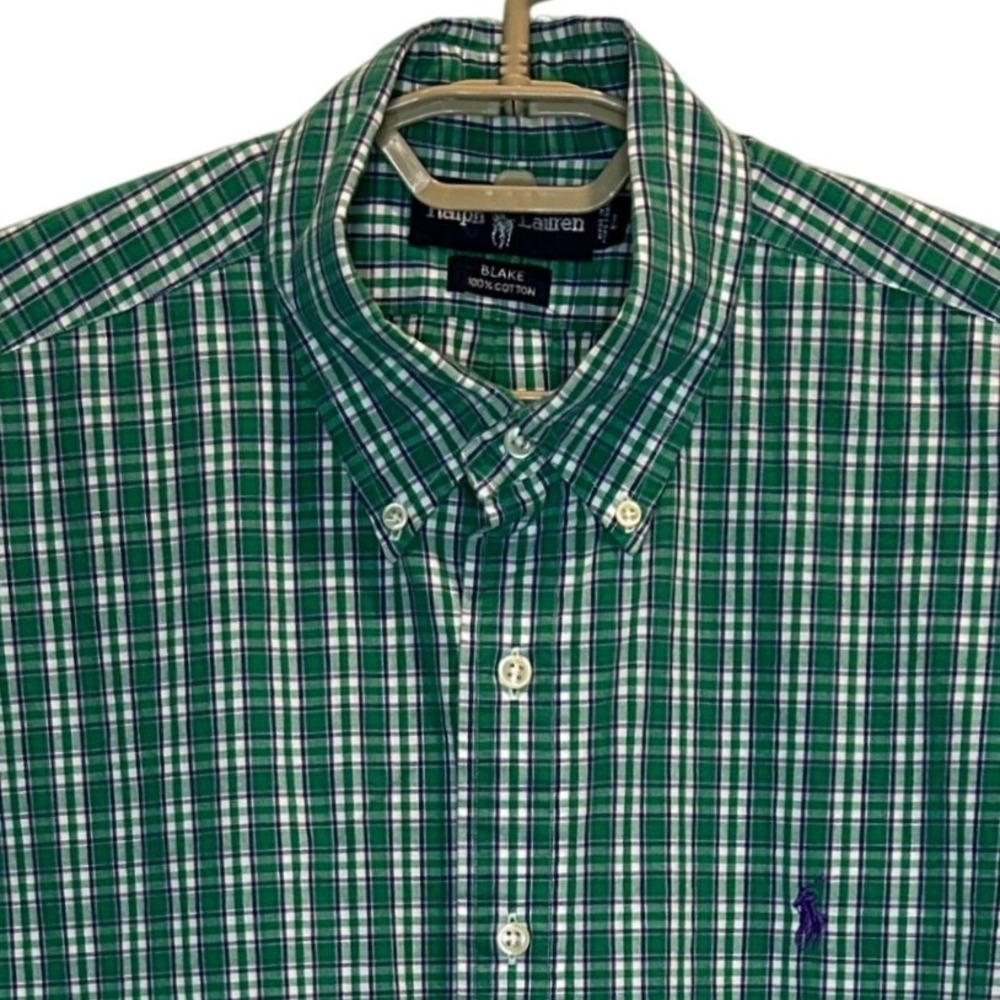 Ralph Lauren Blake Button Down Shirt Large Mens Green Plaid Short Sleeve Cotton